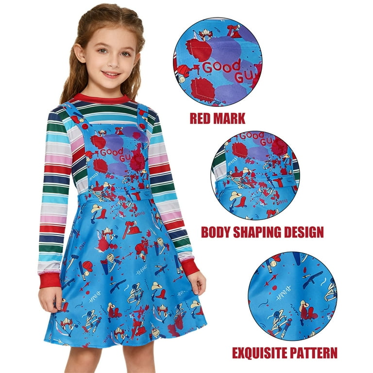 Forfamy Chucky Costume Women Halloween Fancy Dress, Ladies Scary Nightmare Killer Doll Wanna Play Movie Character Bodysuit Chucky Doll Cosplay Costume Set