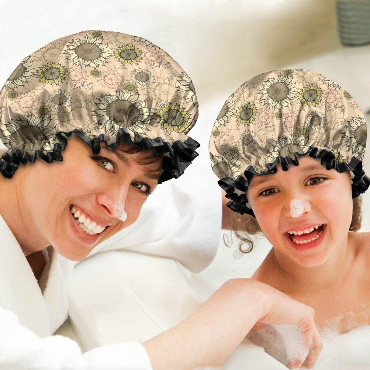 Shower Caps,Beige Sunflower Small Flower Pattern Waterproof Shower Cap for Women 4 Pieces,Double Reusable Hair Cover for Shower PEVA Elastic Stretch Hem