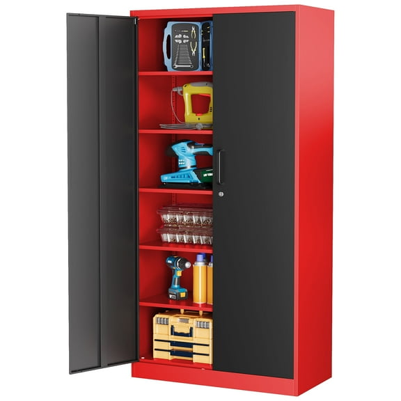 AUHUP 71" Metal Cabinet with Locking Doors and 5 Adjustable Shelves, Red Black Garage Storage Cabinet for Warehouse, Basement, Home Office, Tool File Storage Utility Cabinets