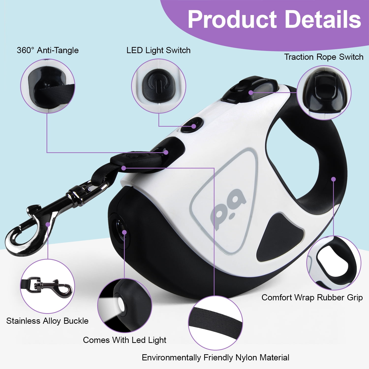 16Ft Retractable Dog Leash w/ LED Flashlight,ABCPOW Lightweight Pet Leash for Small Medium Dogs Up to 66 lbs,Anti-Slip Handle,Stainless Metal Spring Strong Nylon Tape,Tangle Free,One-Handed Brake