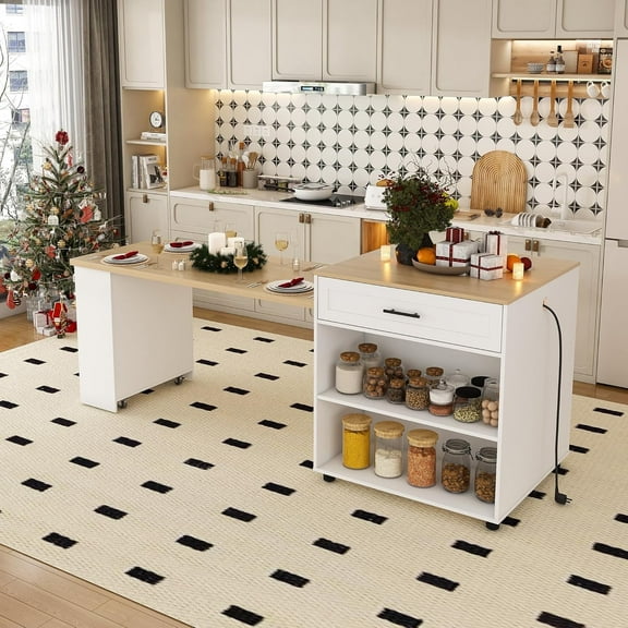 Montary 80" Expandable Kitchen Island with Extendable Table - Solid Wood Grain Countertop with Power Outlet & USB Ports, Mobile Cart with Double-Side Storage, Cabinet & Drawers (White)