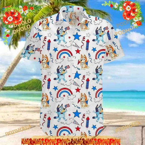 Bluey Family 3D Hawaiian Shirt, Blueydad Bingo Shirt, Blueydad Hawaii Shirt