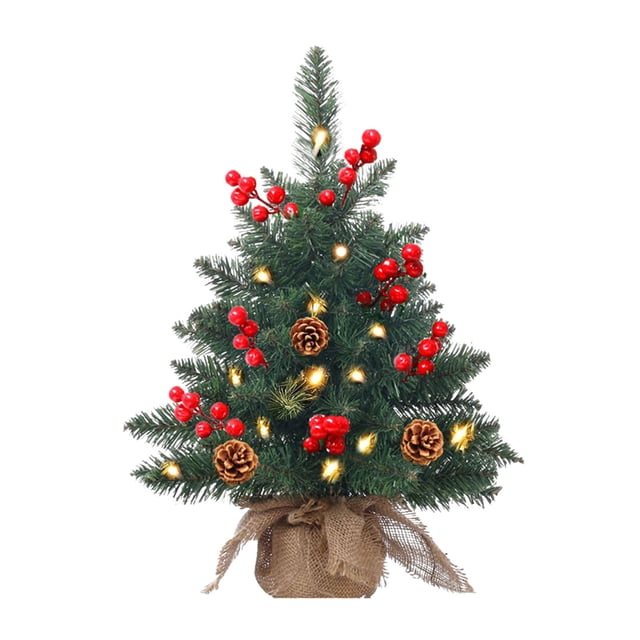 Pin de Table Artificiel Pré-Illuminé de 24 Pouces avec Baies Rouges, Pommes de Pin, Lumières DEL et Base en Jute pour Déco de Noël à la Maison