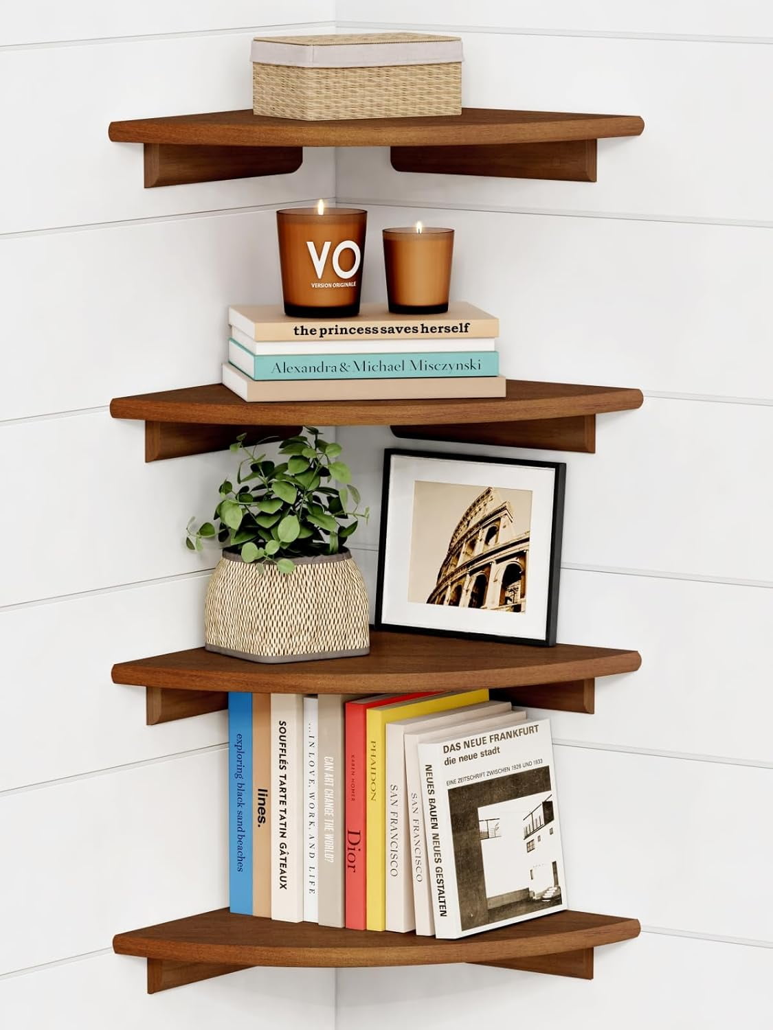 White Corner Floating Shelves for Wall Set of 4, Rounded Corner Shelves Wall Mounted for Kids Bedroom Books, Cute Wood Hanging Corner Shelf for Bathroom Decor, Living Room, Small Spaces
