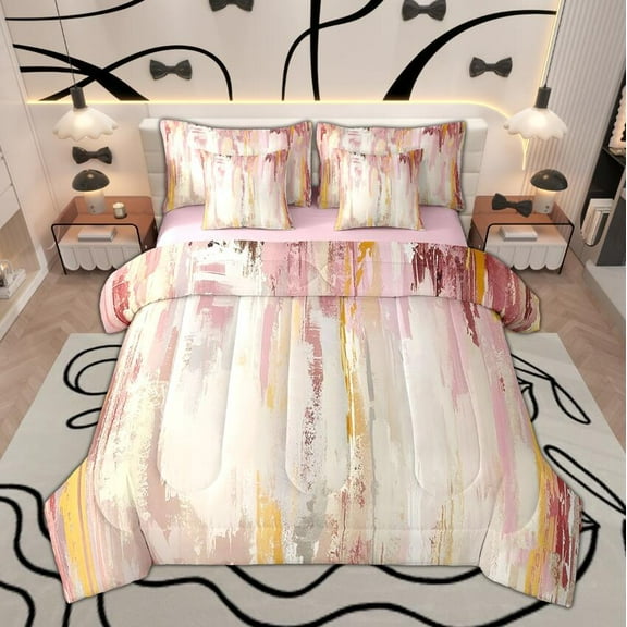 Manfei Pink Beige Ombre Twin Bedding Sets 7-Piece for Girls, Watercolor Oil Painting Bedding Comforter Set, Abstract Gradient Art Sheet Sets, Ultra Soft Bedroom Decor