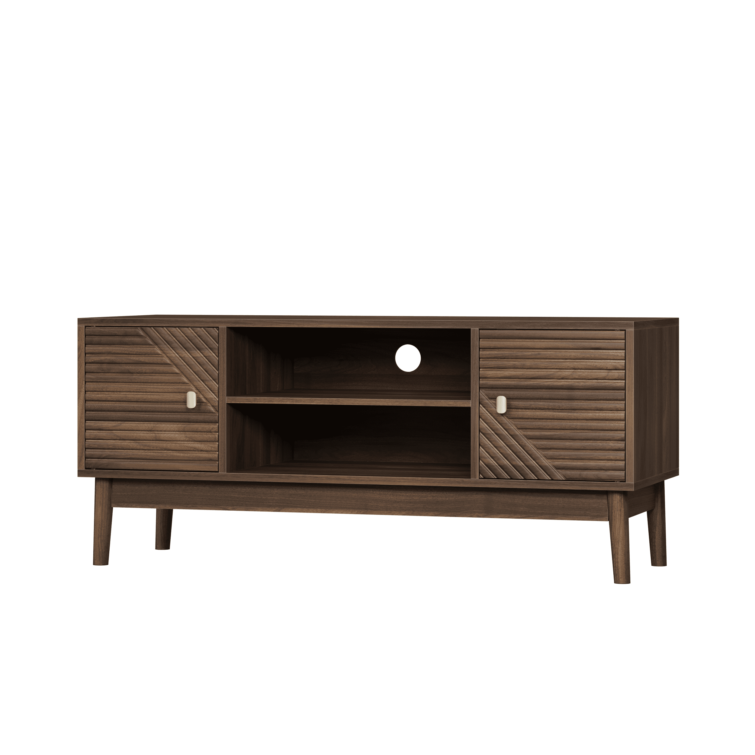 TV Stand, 43 Inch Mid-Century Modern Media Console with Open Storage and Cable Management Holes, Wood Construction for Living Room, Walnut Finish