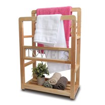 Bekitchen 2 Tier Free Standing Towel Racks For Bathroom, 31.5" H Wood Blanket Holder Shelf with Bottom Storage, White TOWELS letters