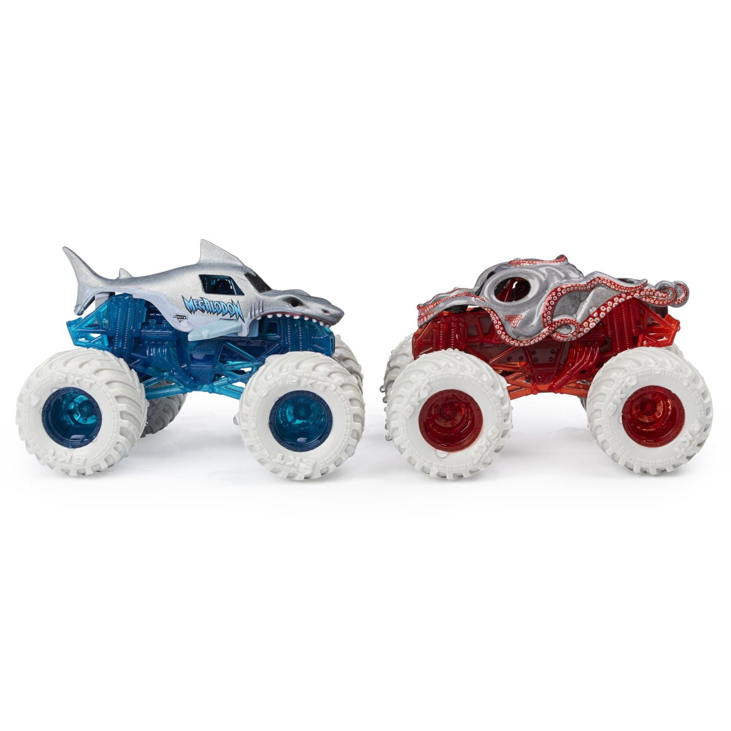 Monster Jam, Monster trucks Megalodon vs Octon8er officiels qui changent de couleur en métal moulé, échelle 1:64