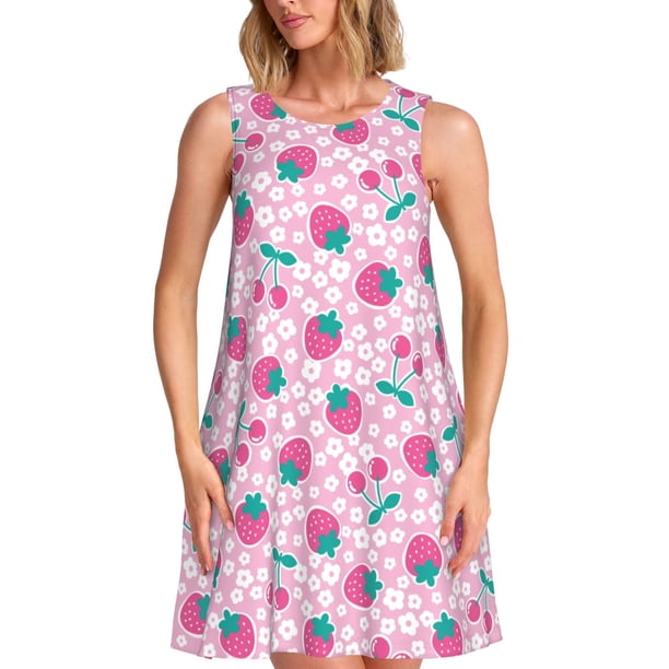Easygdp Cherry Strawberry para Vestido Transpirable de Mujer, Vestido Suelto de Manga Corta con Pliegues y Bolsillos para el Verano