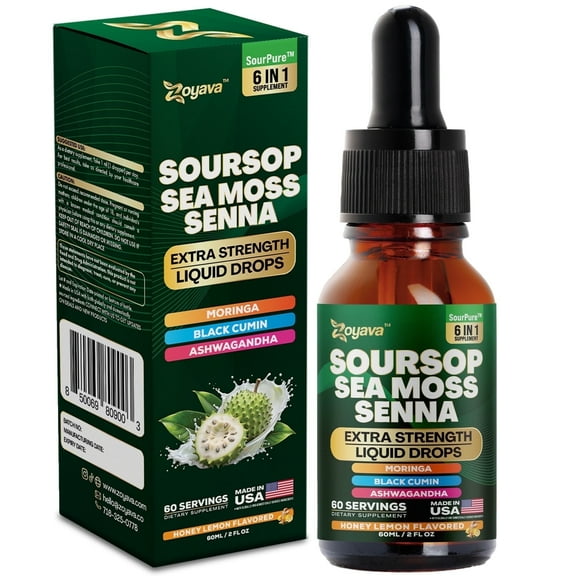 Soursop Leaves Extract Liquid Drops Supplement 1200 MG, Graviola, Sea Moss, Ashwagandha, Moringa, Black Cumin Seed, 6-in-1, Extra Strength for Daily Wellness, 60 Servings Honey Lemon Flavor