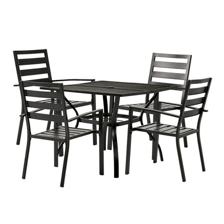 Ktaxon 35 Inch Metal Outdoor Dining Table & 4 Chair Set, Square Patio Furniture with Umbrella Hole for Garden Backyard, Black