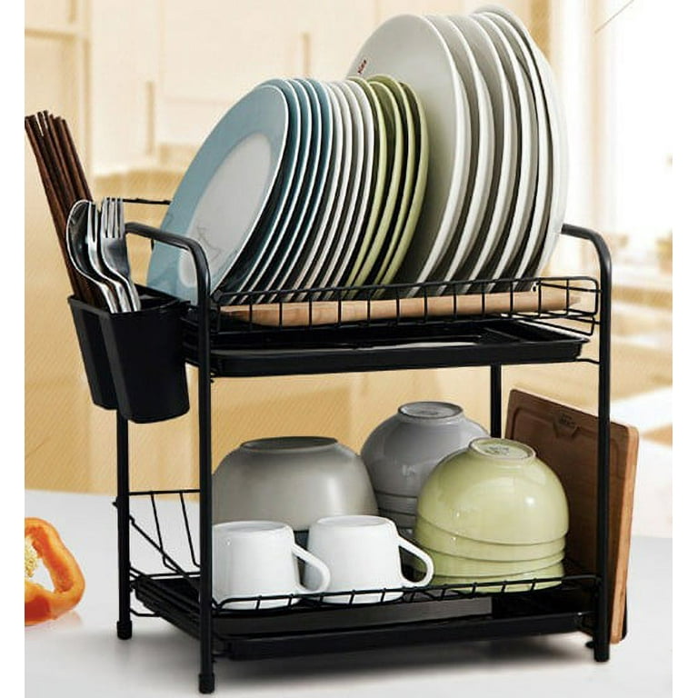 2 Tier Kitchen Storage Dish Rack Drainer - Black