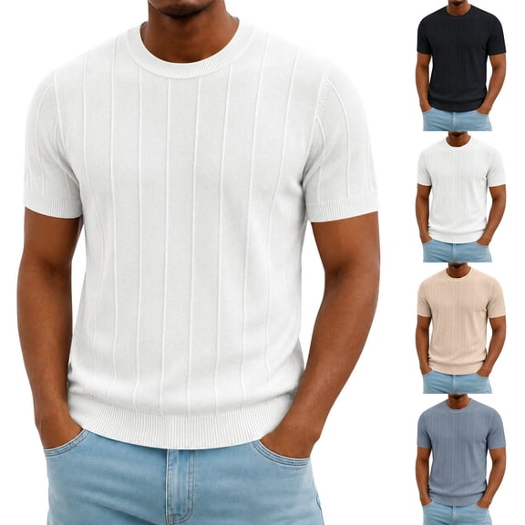 Hearthz Short Sleeve Shirt for Men Rib Knit Crew Neck T Shirts for Men Summer Fall Textured Knit Streetwear Men's Athletic Shirts & Tees Blue M