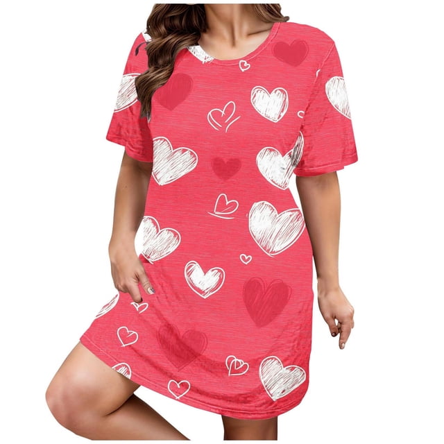 Ukumplol Chemise de Nuit pour Femmes Manches Courtes Pyjamas de la Saint-Valentin Plus Imprimé Cœur Col Rond Robe de Nuit Extensible Moyenne Robe de Nuit Ample Grande Taille Robe de Nuit Rouge TG