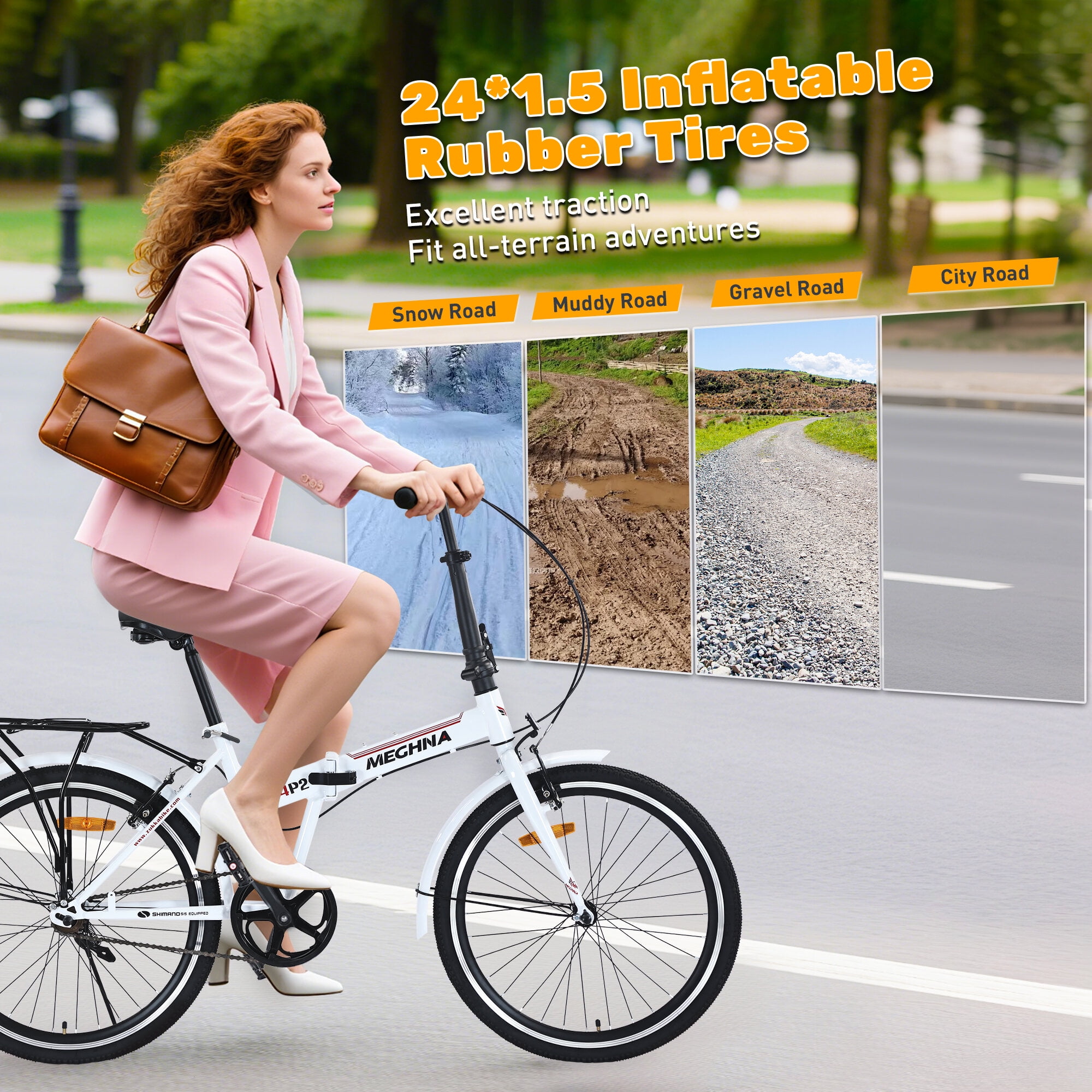 Mountain Bikes 24 Inch Folding Bike for Adults with Fenders, Steel Frame Single Speed City Commuter, Dual V-Brake Portable Compact Bicycle for Men & Women,Hybrid Bikes
