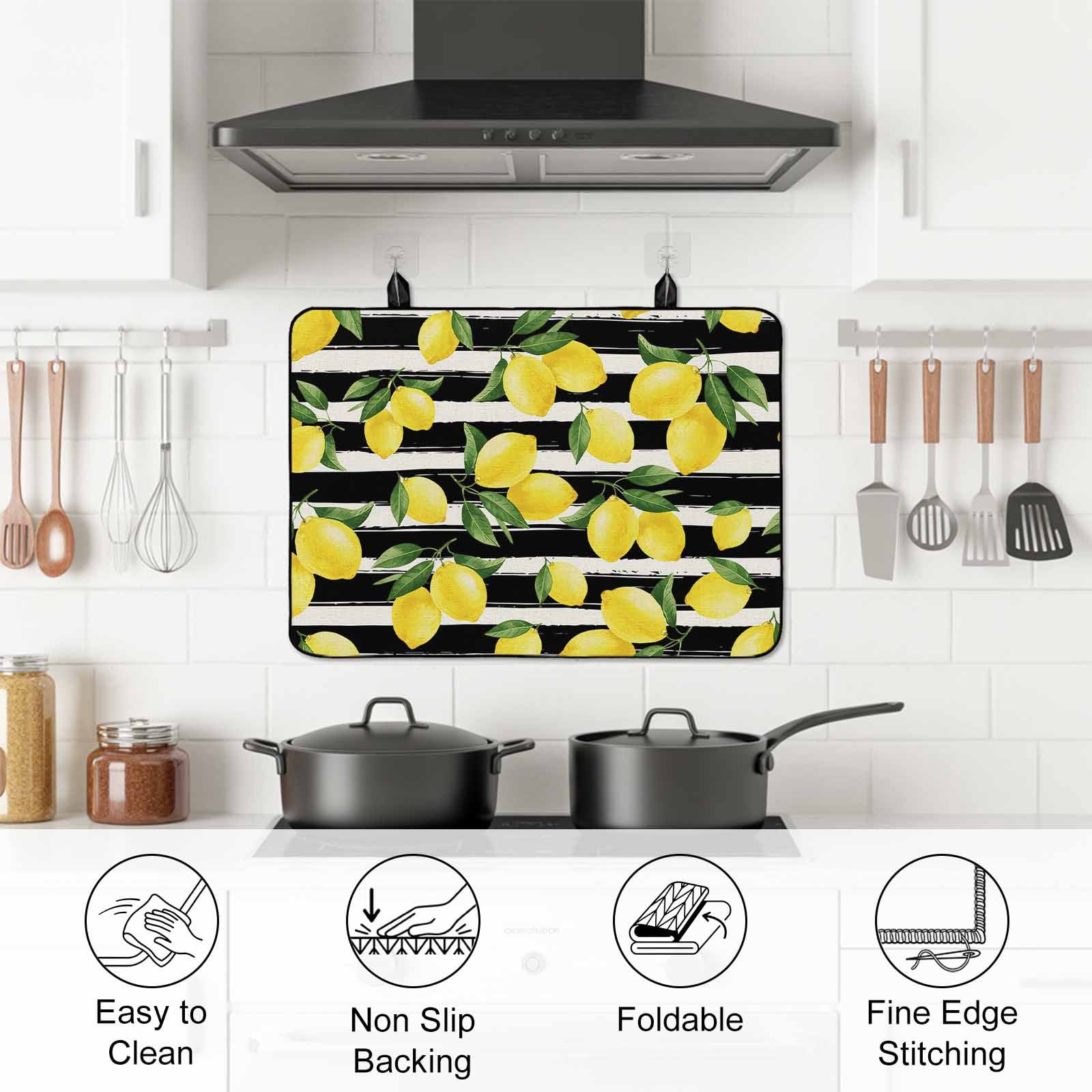 Yellow Lemons Stove Top Cover for Electric Stove, Heat-proof & Non Slip Glass Top Stove Cover Protector, Summer Citrus Fruits Leaves Black Stripes Kitchen Flat Cooktop Rubber Mat 24x21 Inches