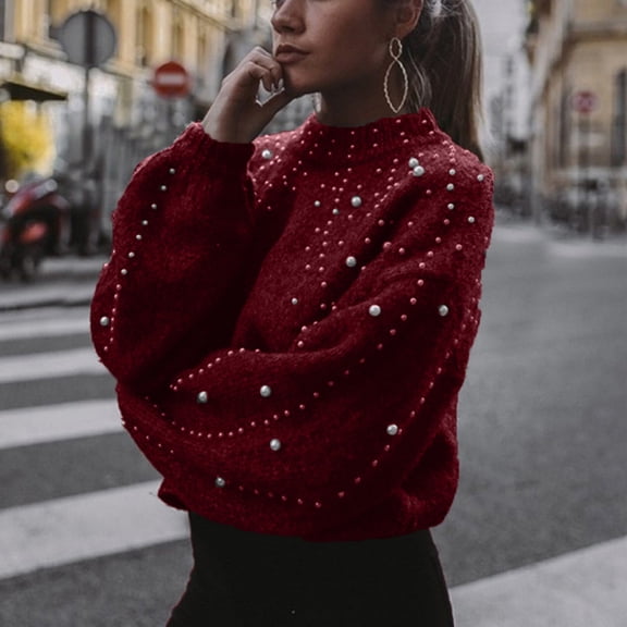Only Moment Red Long Sleeve Shirts for Women High Neck Pearl Soft Lightweight Long Sleeve Sweater, Basic Knit Pullover for Casual Daily Wear, Business, Travel and Everyday Layering One Size