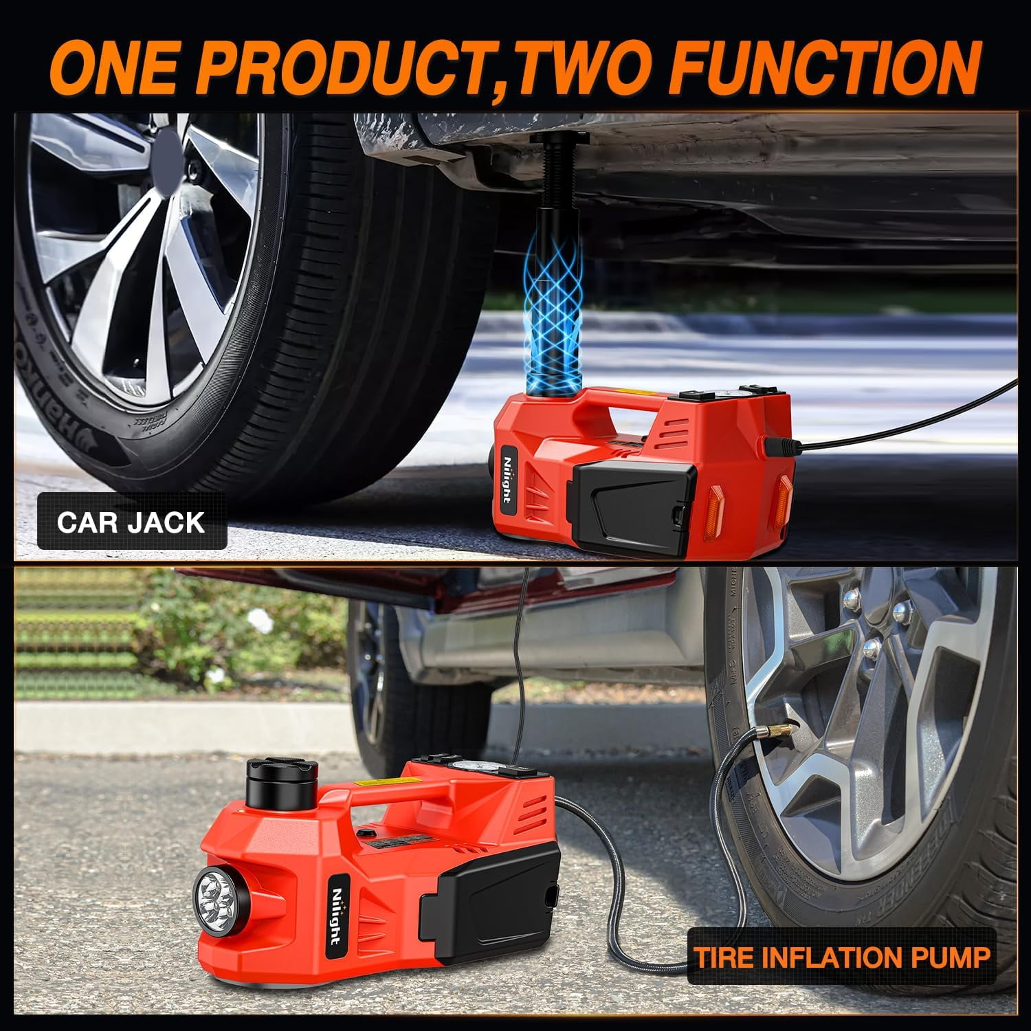 Nilight Electric Car Jack Kit 5 Ton 12V with Impact Wrench, 3 in 1 Portable Electric Floor Jack with Tire Inflator Pump LED Light for SUV Truck Change Tire Garage Repair