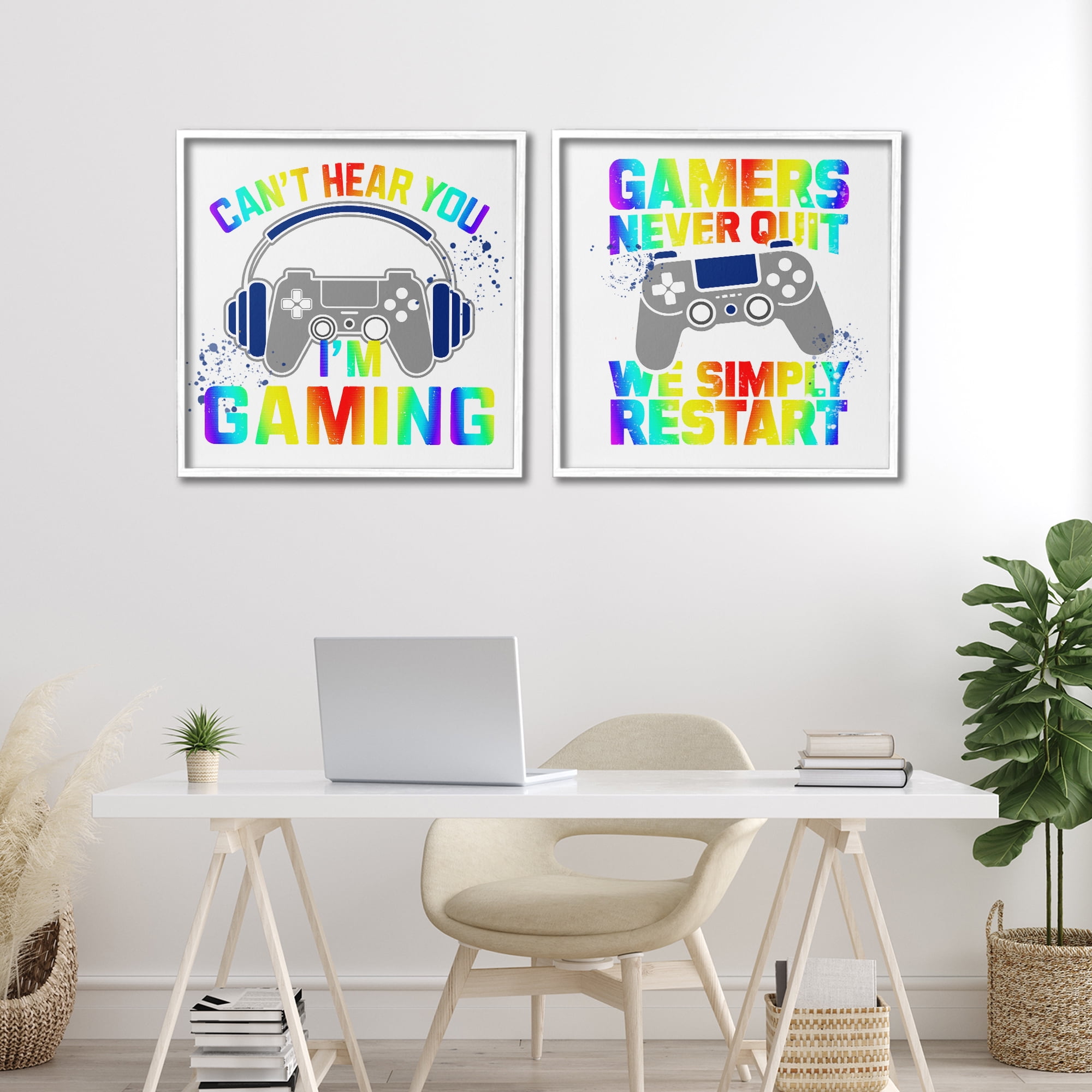 Rainbow Retro Gaming Phrases 2 Piece White Framed Giclee Art Set, design by Kim Allen
