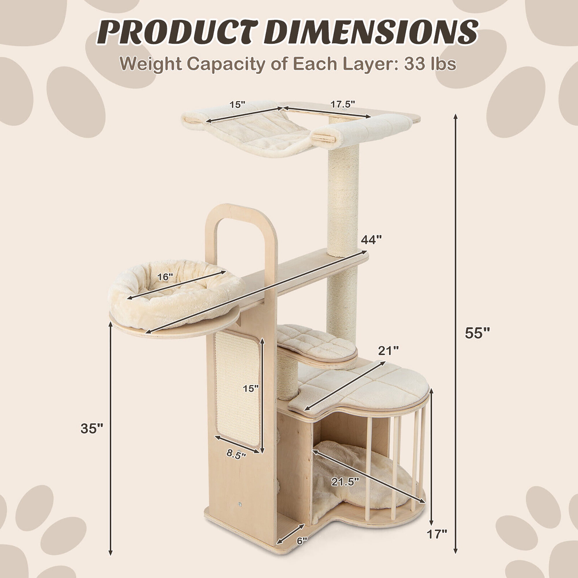 Gymax 55'' Tall Cat Tree Tower Multi-Layer Wooden Activity Center w/ Rest Condo & Hammock