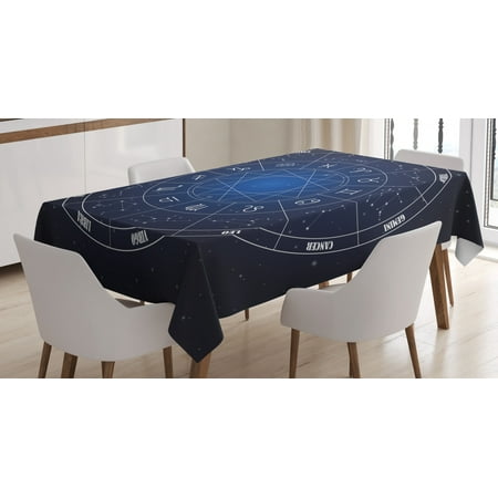 

Astrology Tablecloth Zodiac Horoscope Chart in Wheel Shape with Dates in Space Dots Image Rectangular Table Cover for Dining Room Kitchen 60 X 84 Inches Dark Blue and White by Ambesonne
