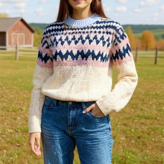 Women's Fair Isle Sweater Casual Vintage Crew Neck Knitted Sweater Cute Graphic Fall Fashion Pullover Jumper Tops Khaki L