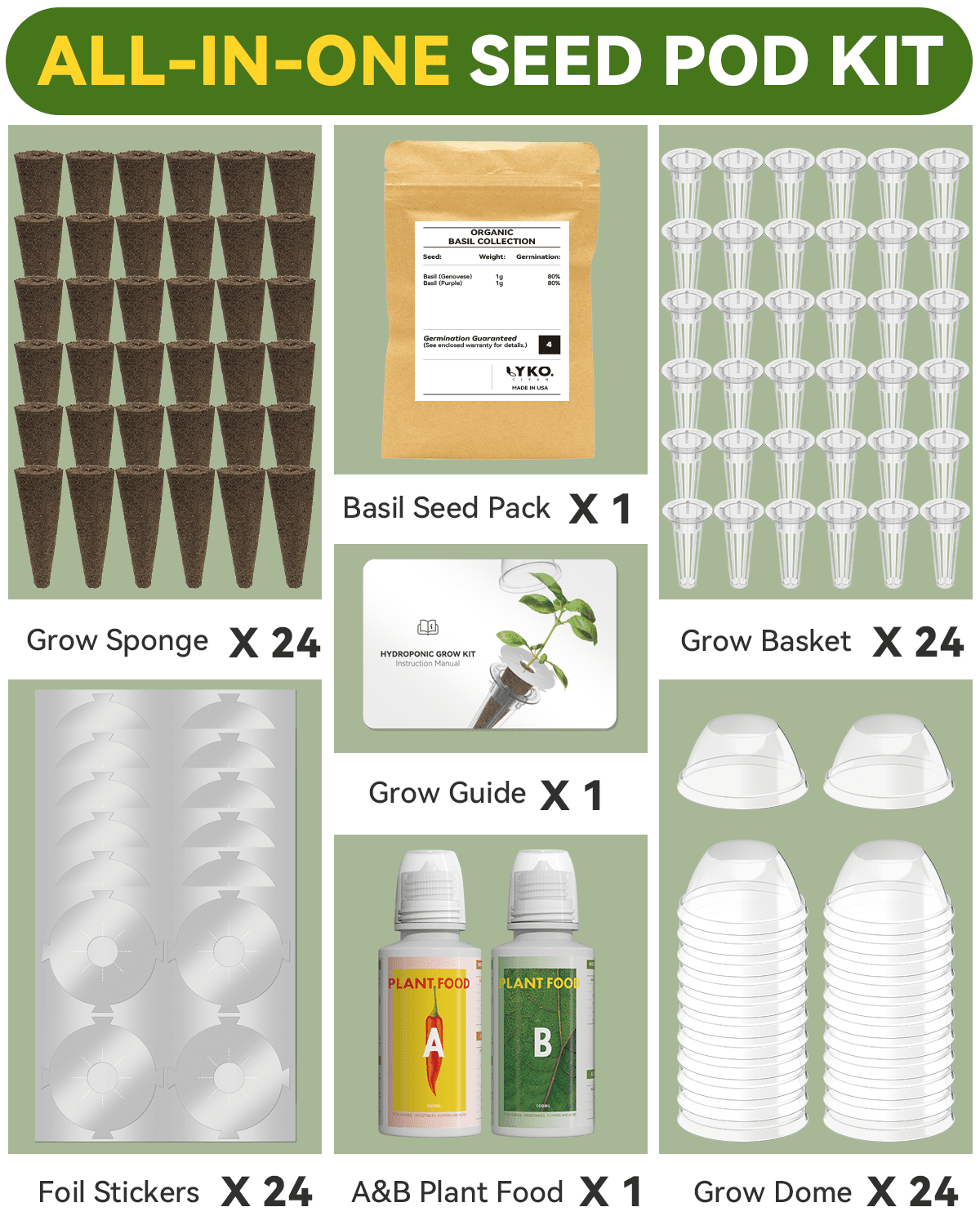 24 Pod Basil Seeds Hydroponic Growing System Kit Compatible with Aerogarden, Ahopegarden, Gardencube, inbloom, iDoo