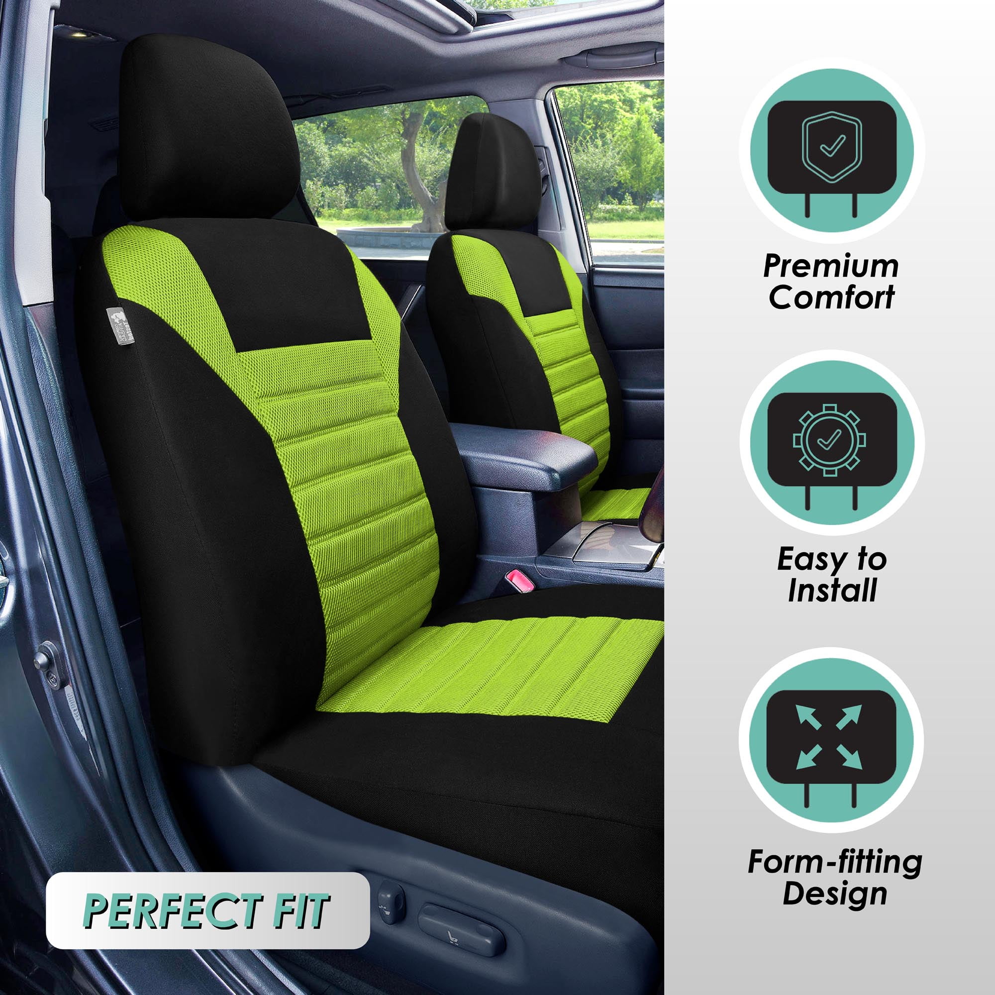 FH Group Car Seat Covers Premium 3D Air Mesh w/ Removable Headrest, Universal Fit Airbag Compatible for SUV, Sedan, Van Green - Front Set