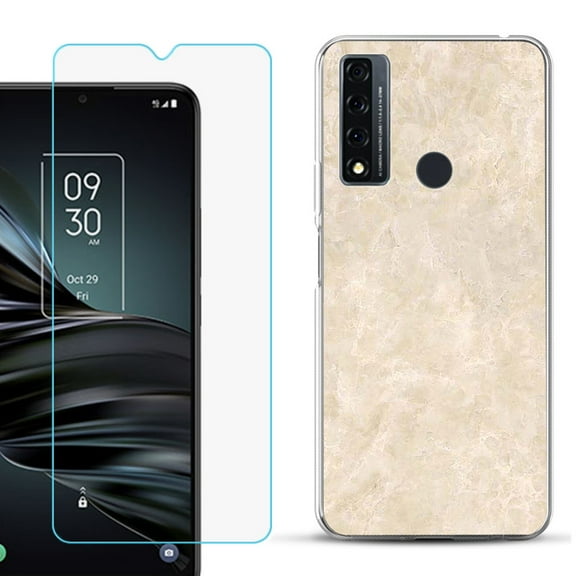 Slim-Fit Fashion Phone Case for TCL 20 XE, with Tempered Glass Screen Protector, by OneToughShield ® - Marble / Latte