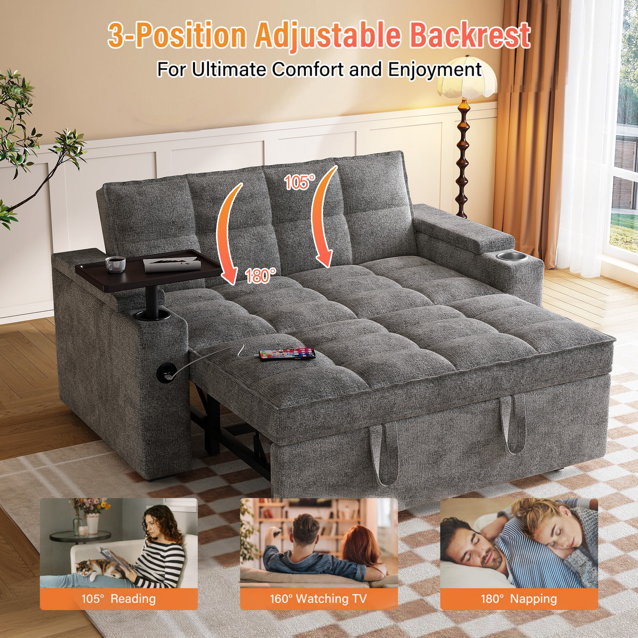 3-in-1 Sleeper Sofa,65" Loveseat Sofa Bed, 2 Seater Convertible Small Couch with 360° Swivel Side Table and USB,Chenille Pull Out Bed ,Gray