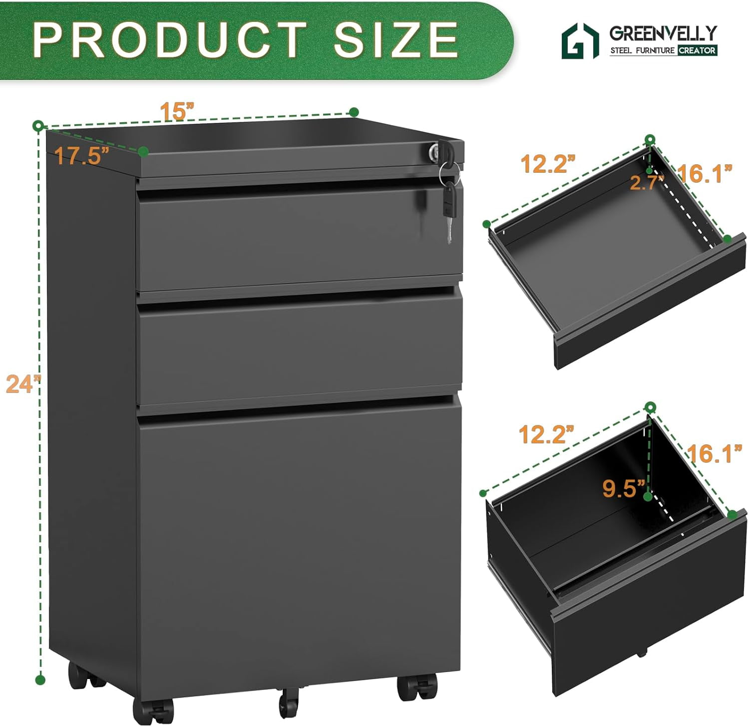 SUNCROWN 3 Drawer Mobile File Cabinet with Lock, Metal Filing Cabinet on Wheels, Under Desk File Cabinet for Home Office Organizer Letter/Legal/A4 File (Assembly Required, Black)