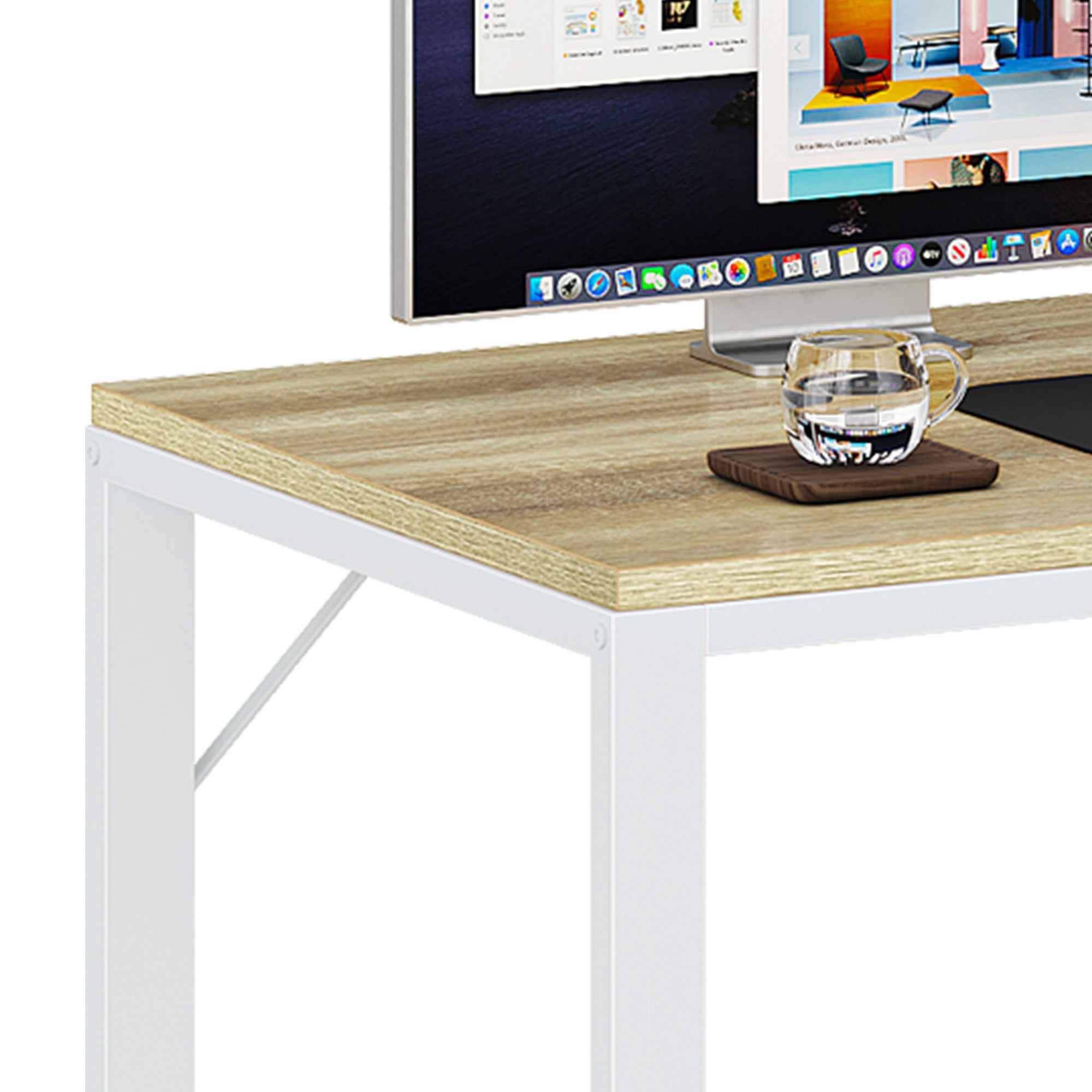 Uforic  55" Corner L Shaped Desk with Power Outlets & LED Lights & File Cabinet, 3 Drawers & 3 Storage Shelves, Home Office Desk with Bookshelf, White& Oak