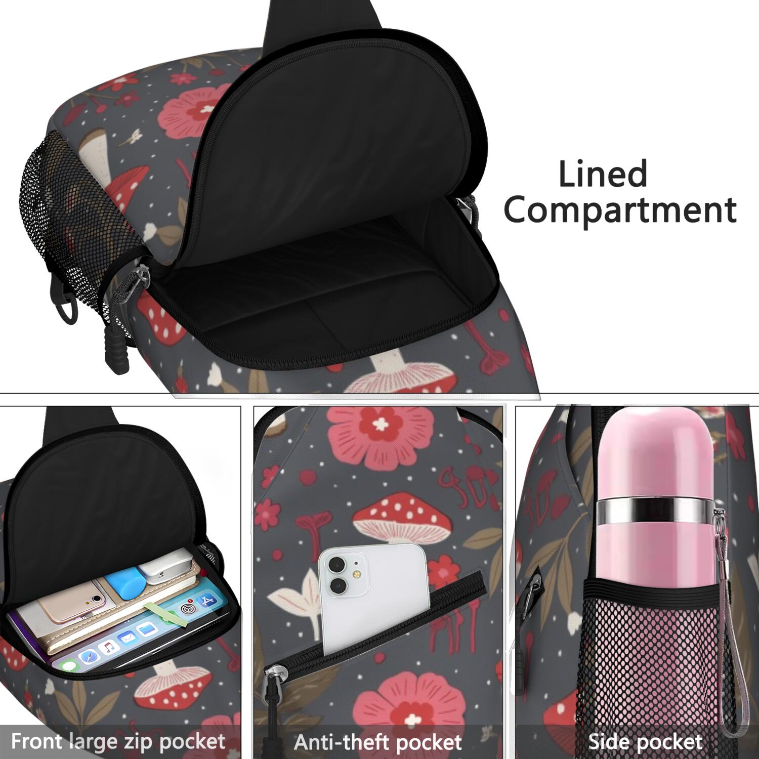 Mushroom Crossbody Sling Bag for Women Men Fashion Backpack Crossbody Shoulder Bag Chest Bag Travel Hiking Casual Sport Daypack