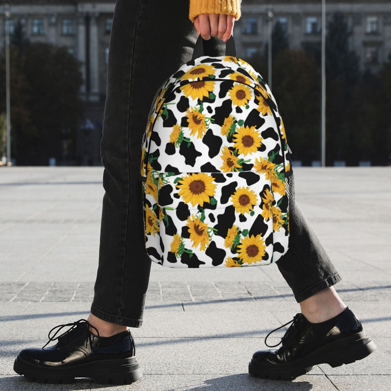 Rateoe Cute Cow Print Sunflower A Pattern Student Backpack Water-resistant Backpack 15-inch Laptop Backpack Lightweight Adjustable School Backpack