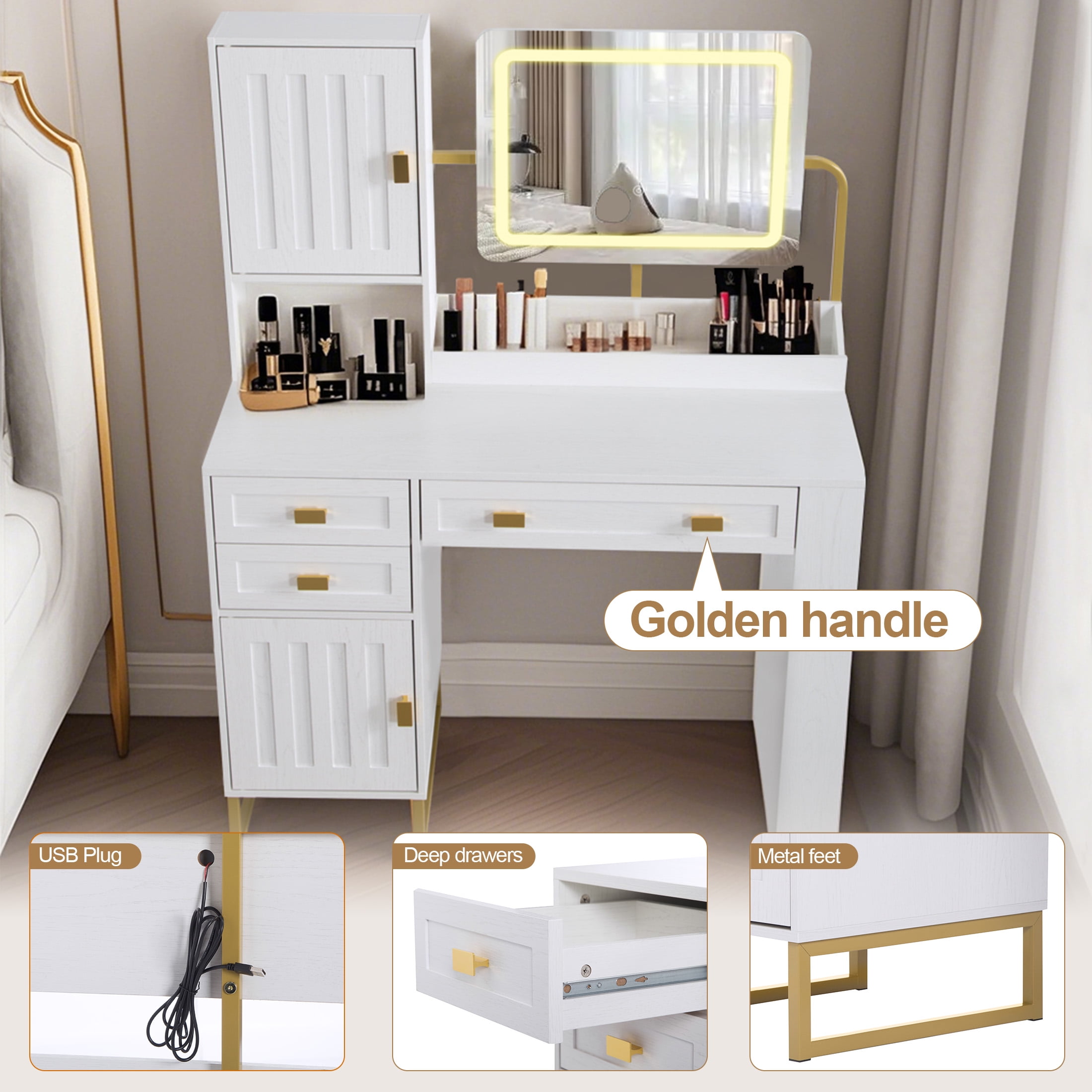 Aukfa Vanity Desk with Mirror & Side Rack,Makeup LED Vanity Table for Bedroom,White