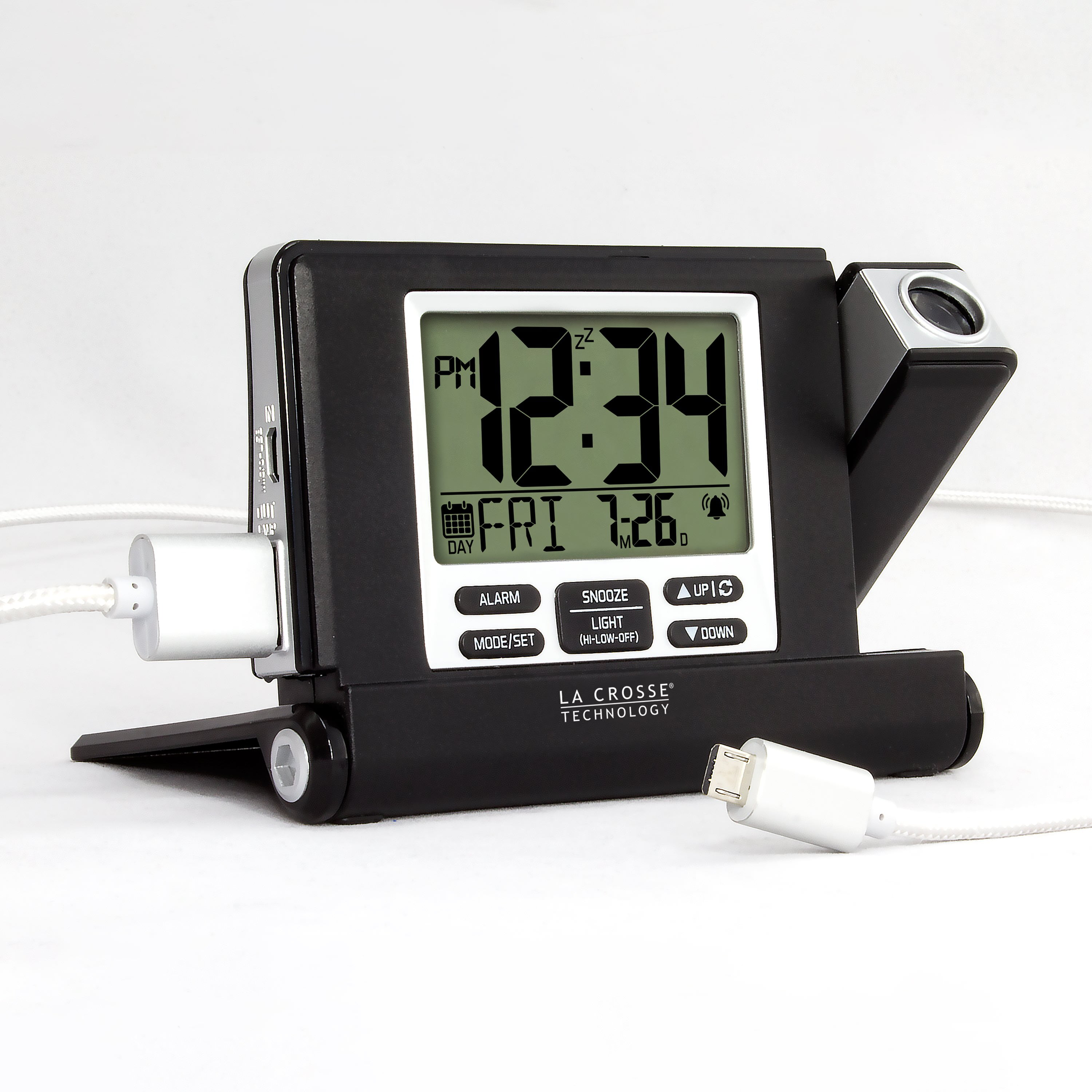 616A-1908 La Crosse Technology Travel Projection Alarm Clock USB Charging Port 