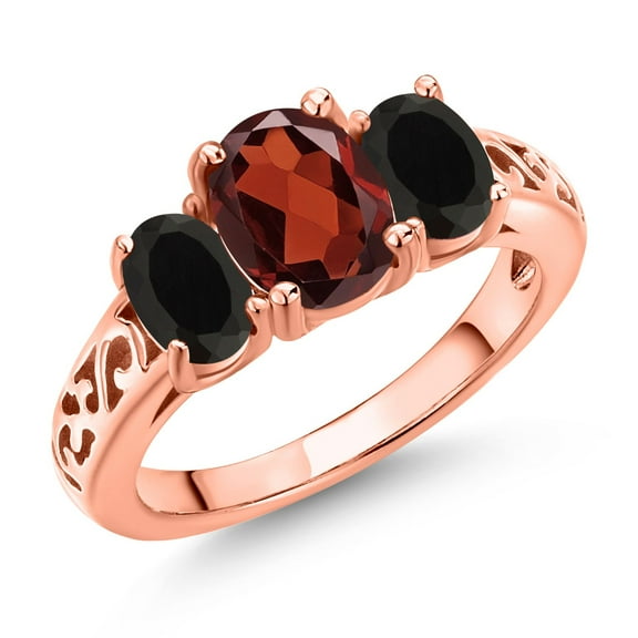 Gem Stone King 18K Rose Gold Plated Silver Red Garnet and Black Onyx Filigree Style 3 Stone Ring for Women (2.30 Cttw, Oval 8X6MM and 6X4MM) (Size 9)
