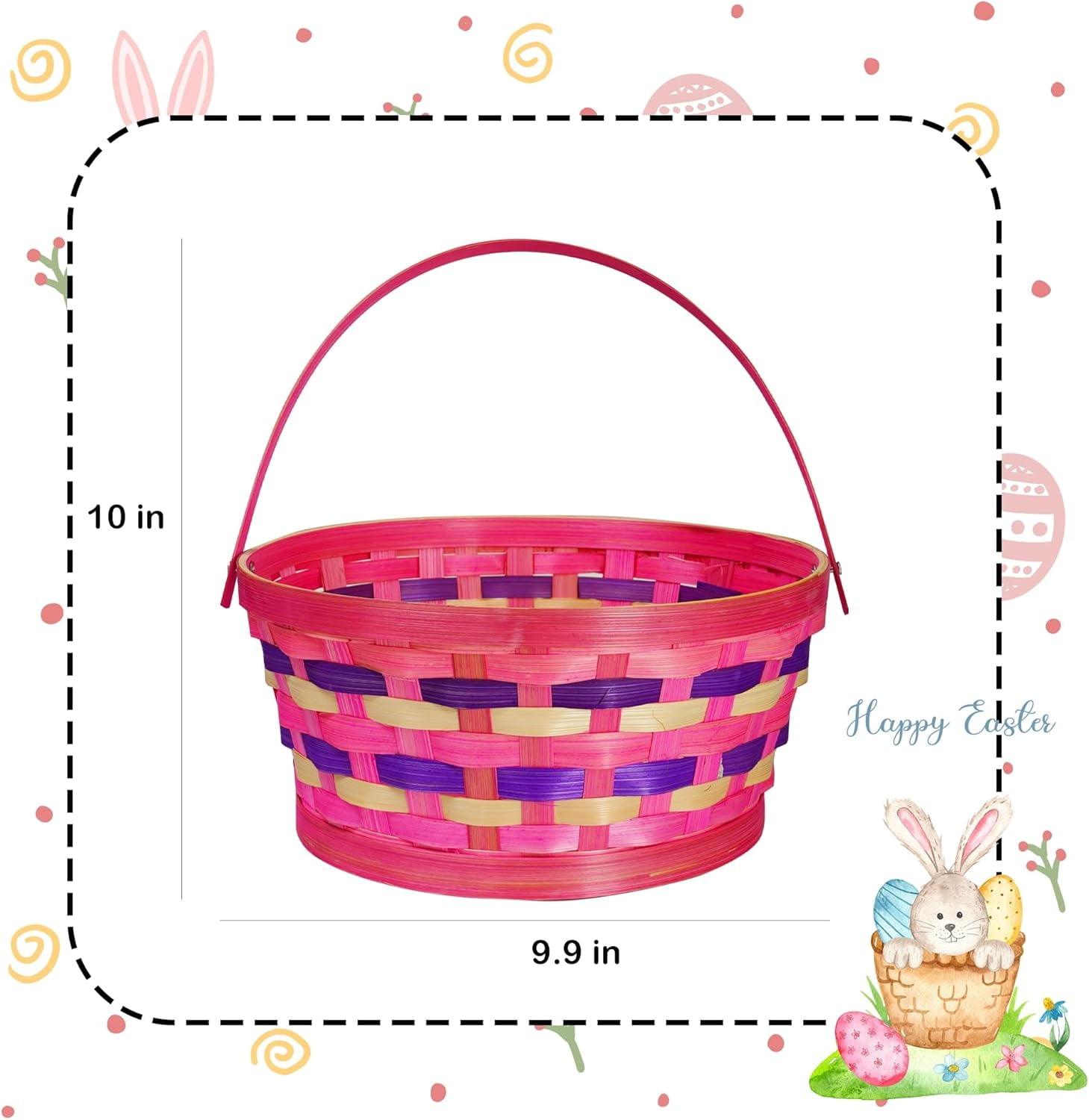 3Pcs Easter Woven Willow Baskets Set with 5 colors Paper Filler, Colorful Bamboo Handle Easter Basket, for Easter Decorations Party Gift
