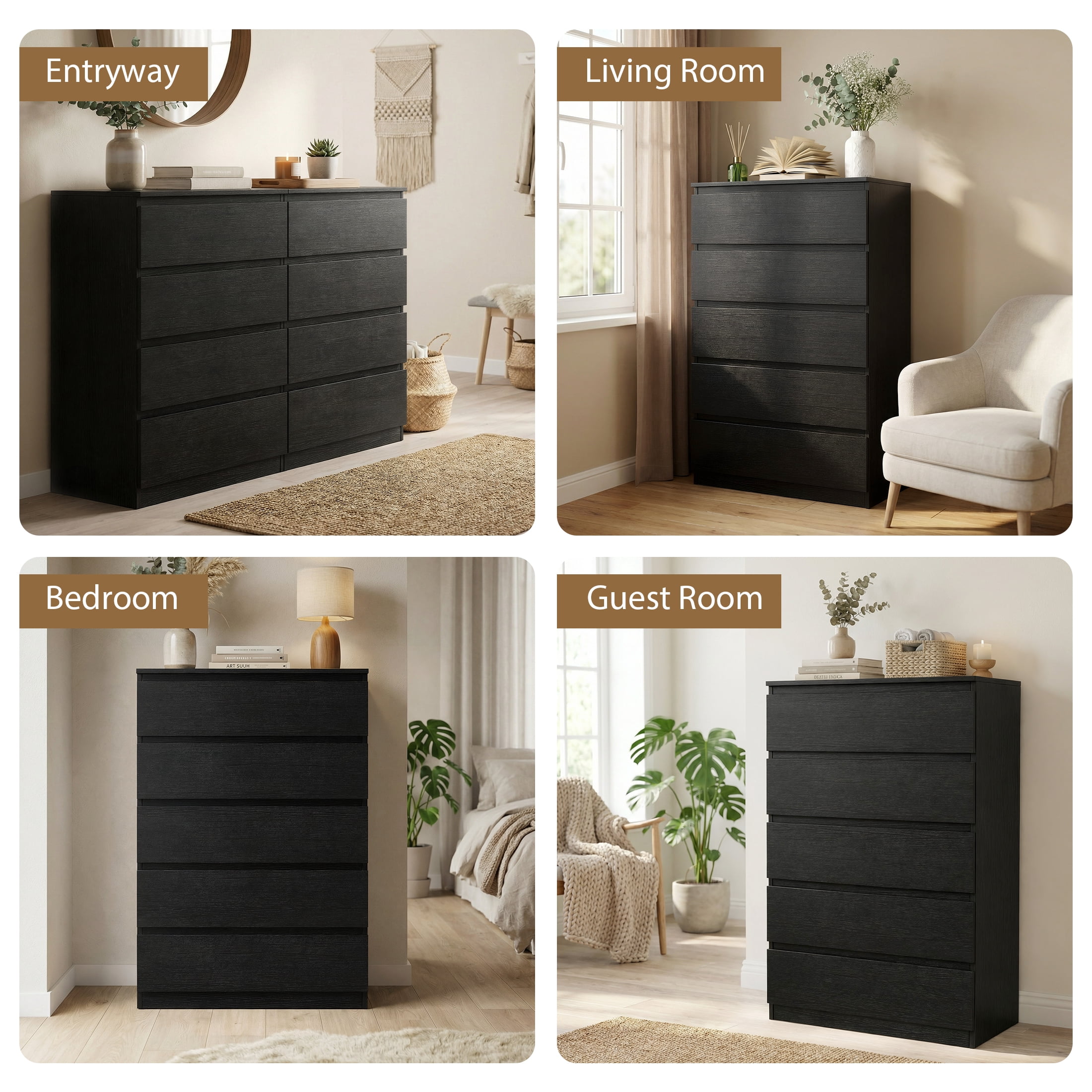 Hijob 5 Drawer Dresser, Modern Storage Cabinet for Bedroom, Tall Chest of Drawers for Living Room Bedroom, Black