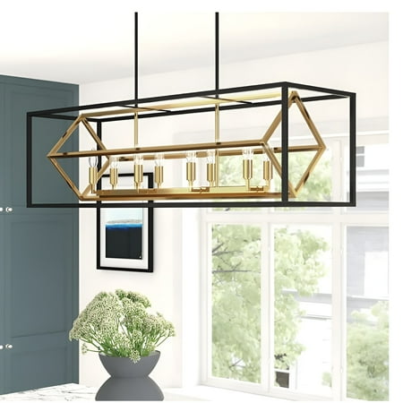 

8 - Light Kitchen Island Rectangle Chandelier Geometric Modern Cube Design Black/Gold