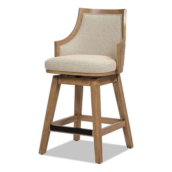 Bahama 26" Cane Rattan High-Back Swivel Counter Stool with Recessed Arms, Taupe Beige Textured Weave