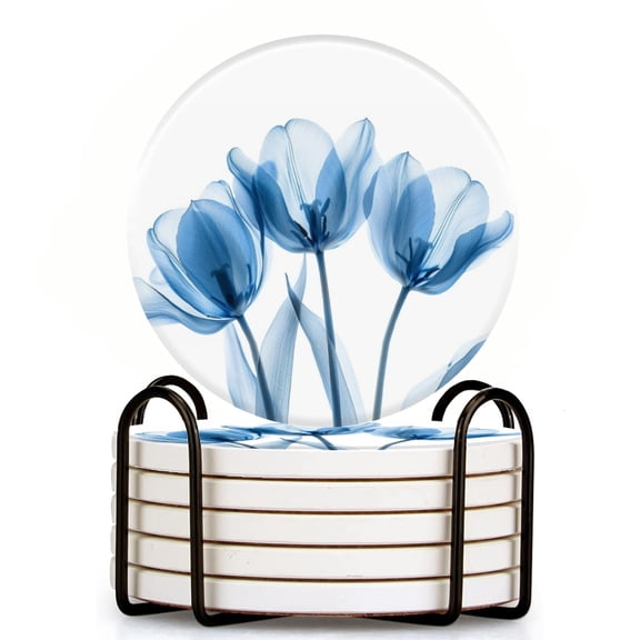 Blue Tulips With Transparent Petals Set of 6 Ceramic Coasters with Holder, Absorbent Drink Bar Coasters, Table Coasters for Living Room Decor Tabletop Protection