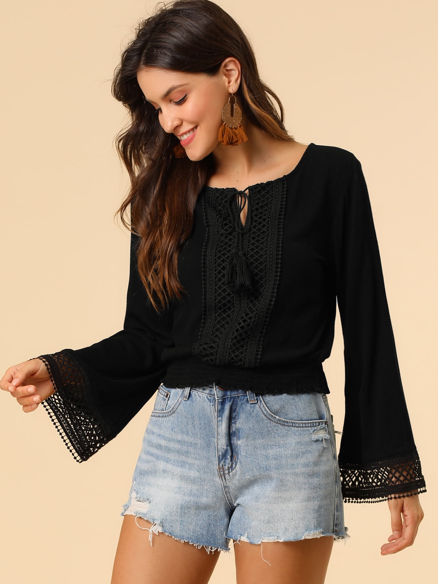 DARING DIVA Women's Lace Peasant Bell Sleeve Smocked Hem Cropped Boho Blouse S Black