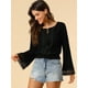 thumbnail image 3 of Allegra K Blusa recortado con dobladillo fruncido y manga de campana con cuello de lazo campesino bordado de encaje para mujer Negro S, 3 of 6