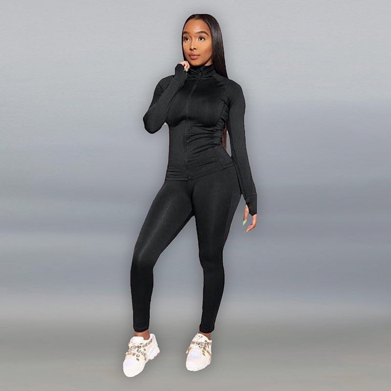 Anself Women Two Piece Suit Tops Leggings Solid Color Stand Collar Long Raglan Sleeve Zipper