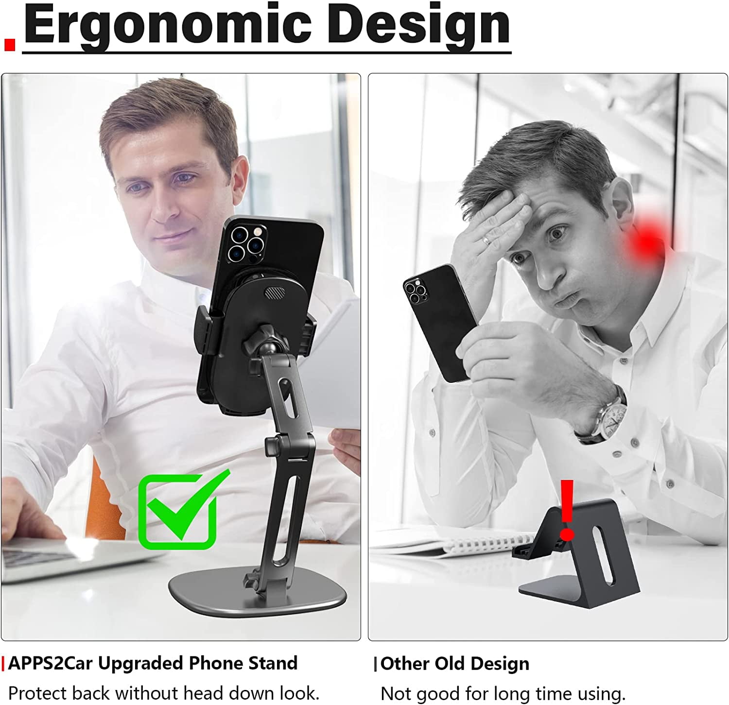 Phone Stand for Desk [No Dropping Stable Triple-Clamp Holder] Adjustable Height 360 Degree Rotation Heavy Base Thick Case Friendly, Multifunctional Cell Phones Stand for iPhone Android Phones