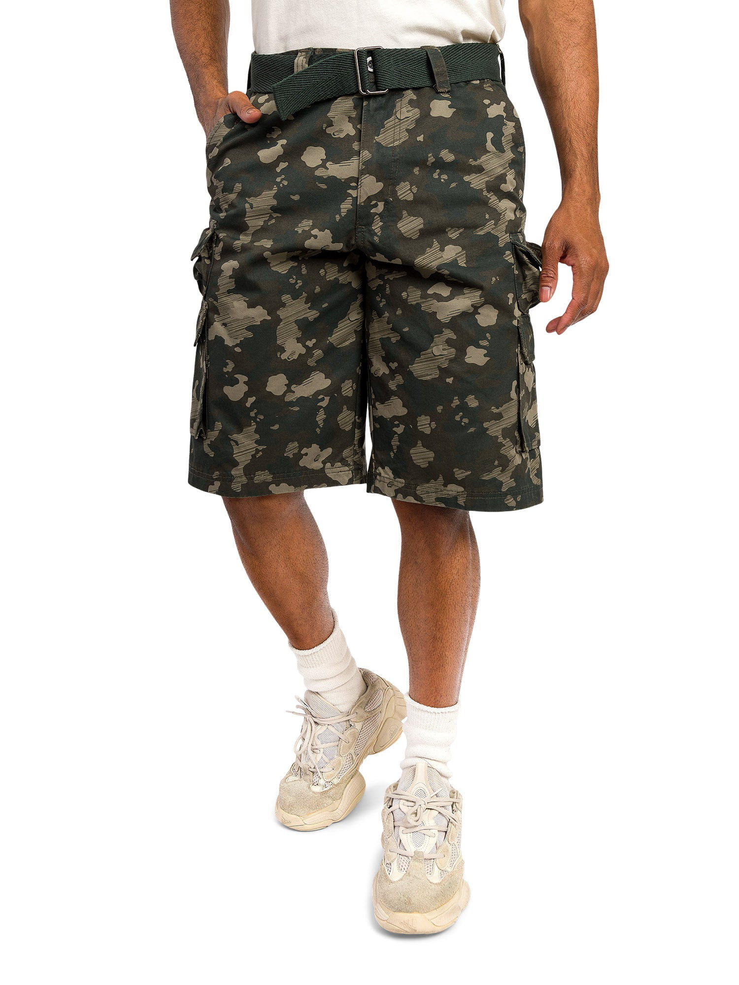 G-Style USA Men's Relaxed Fit Belted Camo Cargo Shorts - Black/White - 40
