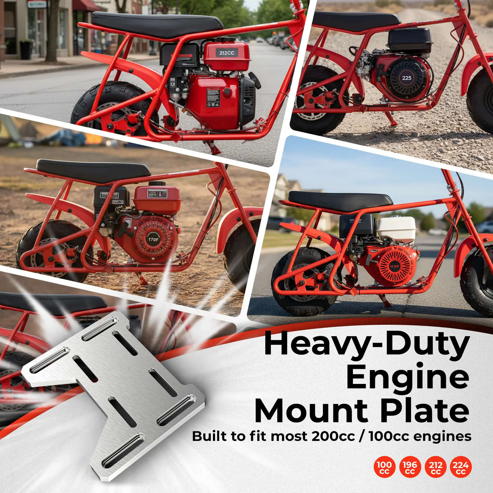 Mini Bike Roller Frame Kit, Rolling Chassis with Wheels, Seat & Brake System, Engine Mount Plate Included, Fits 79cc 98cc 196cc 212cc 225cc Engines, 145/70-6 Tires, Engine Not Included - Red