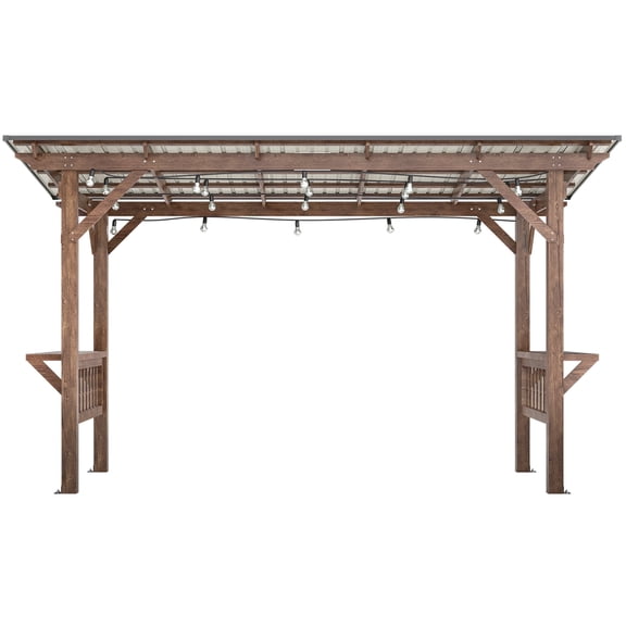 Thanaddo 13' x 6.5' Wooden Pergola Grill Gazebo with Metal Roof, Bar Counter and Lights, Brown