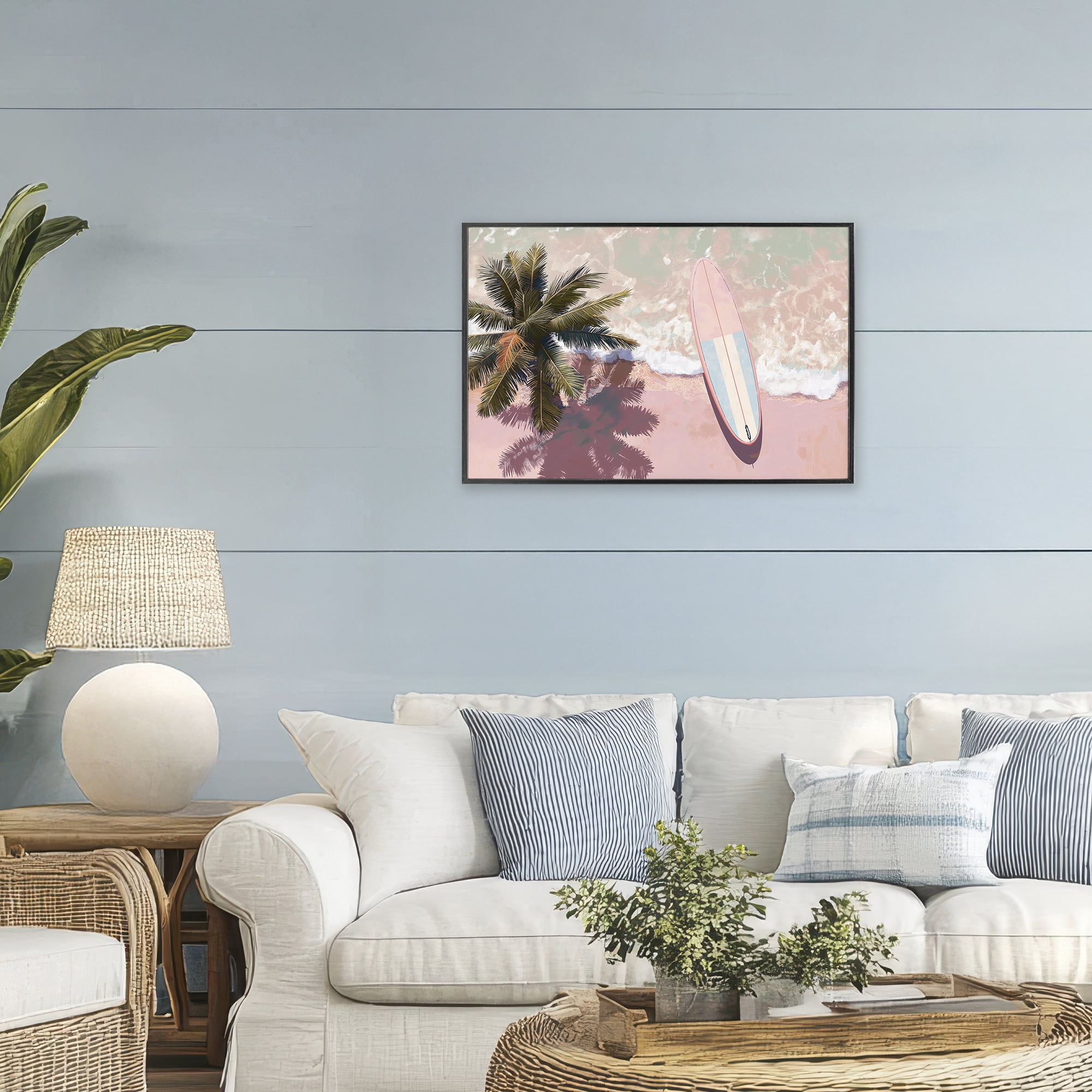 Stupell Industries Blush Pink Surfboard & Palm Black Framed Giclee Art, design by Jacky Ngan